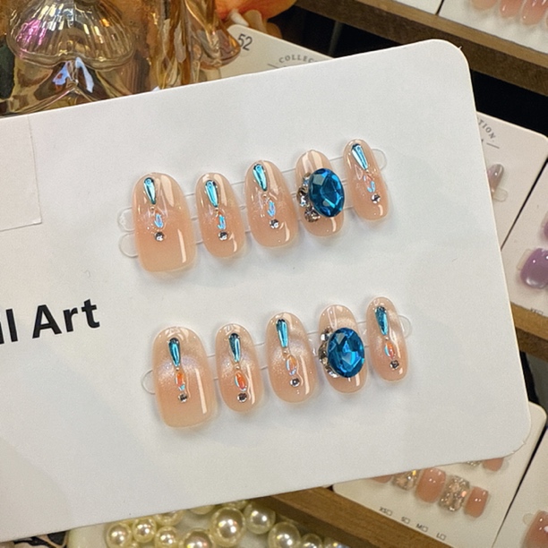 (短椭圆)蓝眼泪微笑猫眼美甲贴片穿戴甲65