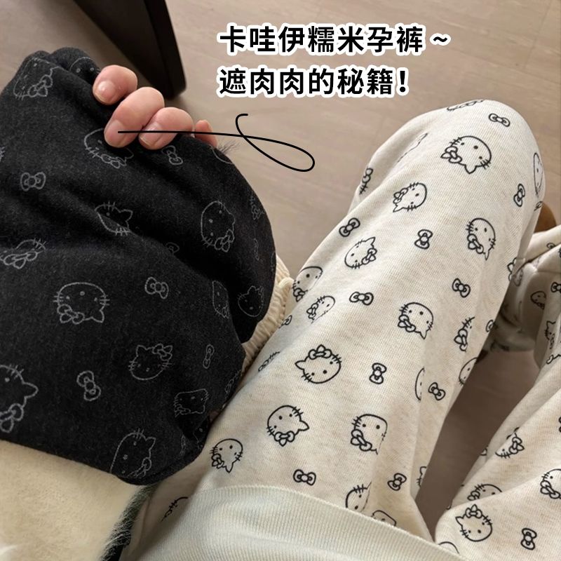 孕妇裤春款可爱kt印花糯米裤2025新款休闲宽松慵懒直筒阔腿孕妇裤