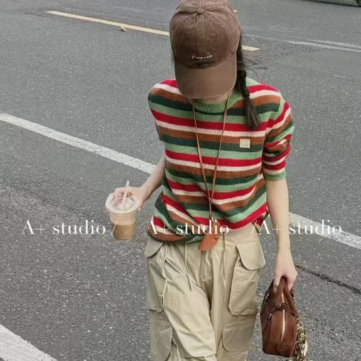 009杨老板定制款秋冬撞色多巴胺条纹毛衣