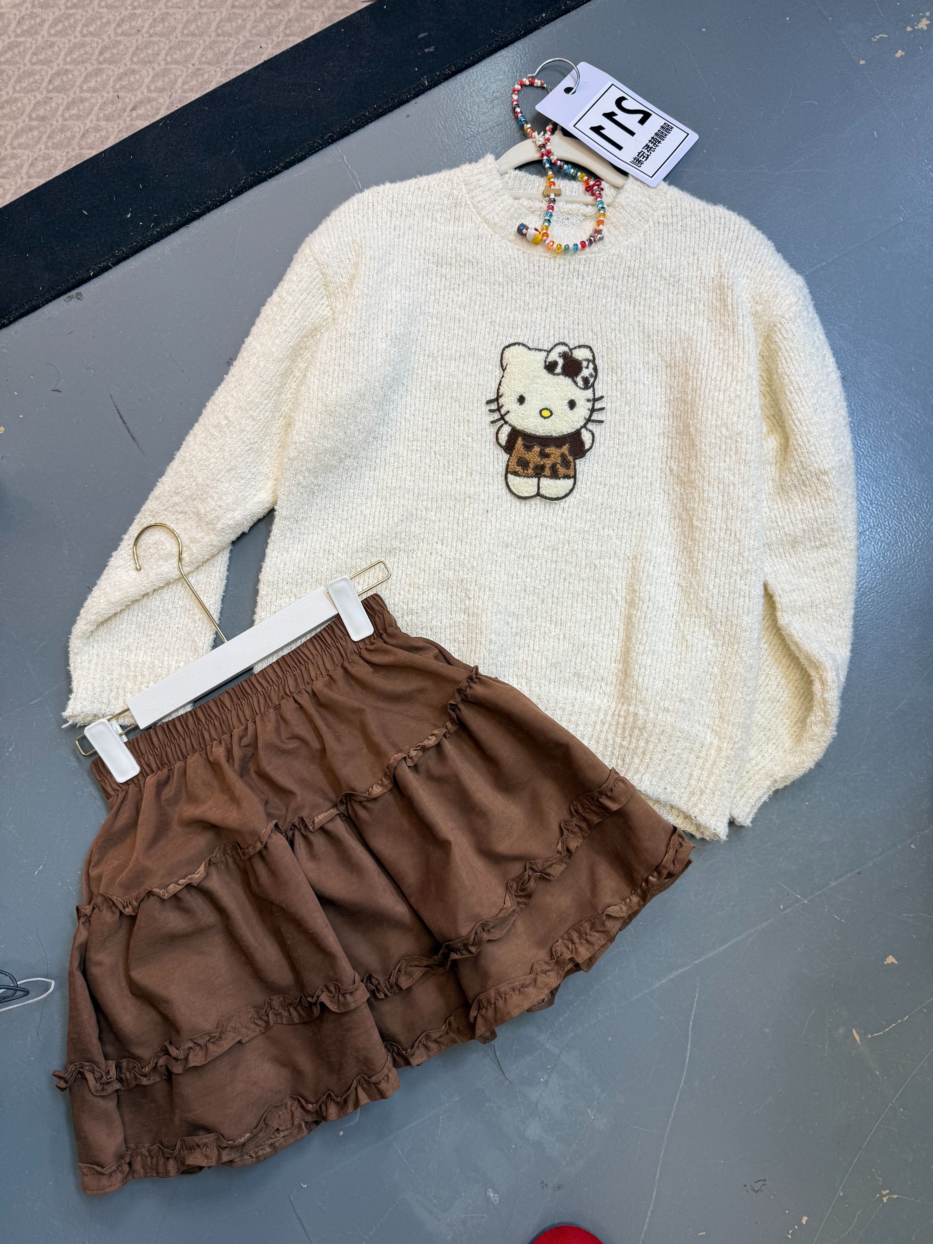 韩系刺绣圆领毛衣女秋冬宽松慵懒内搭针织衫毛织上衣+半身裙套装