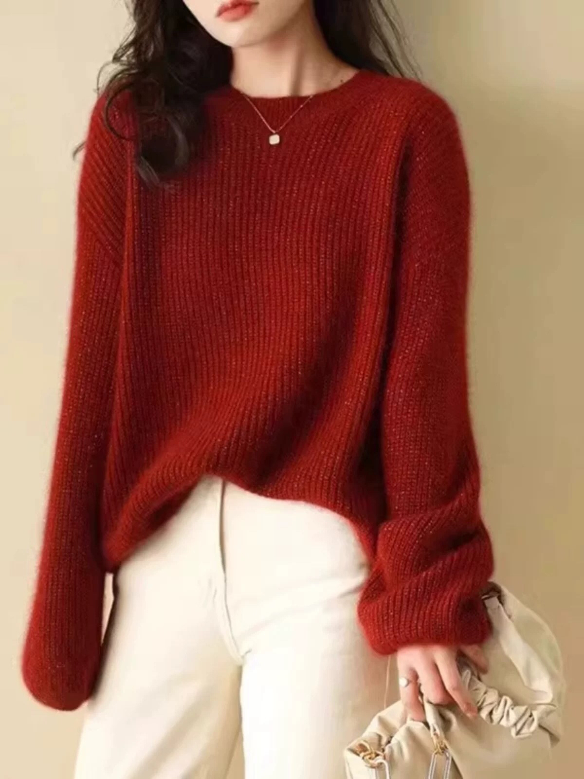 圆领软糯毛衣女2024年冬季慵懒复古气质红色本命年针织衫百搭