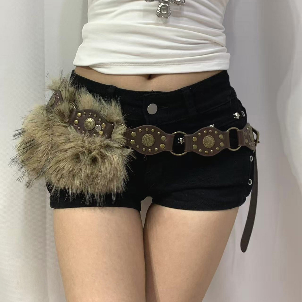 毛毛腰带女款2025新款美式复古拼接配饰辣妹皮带y2k腰封装饰