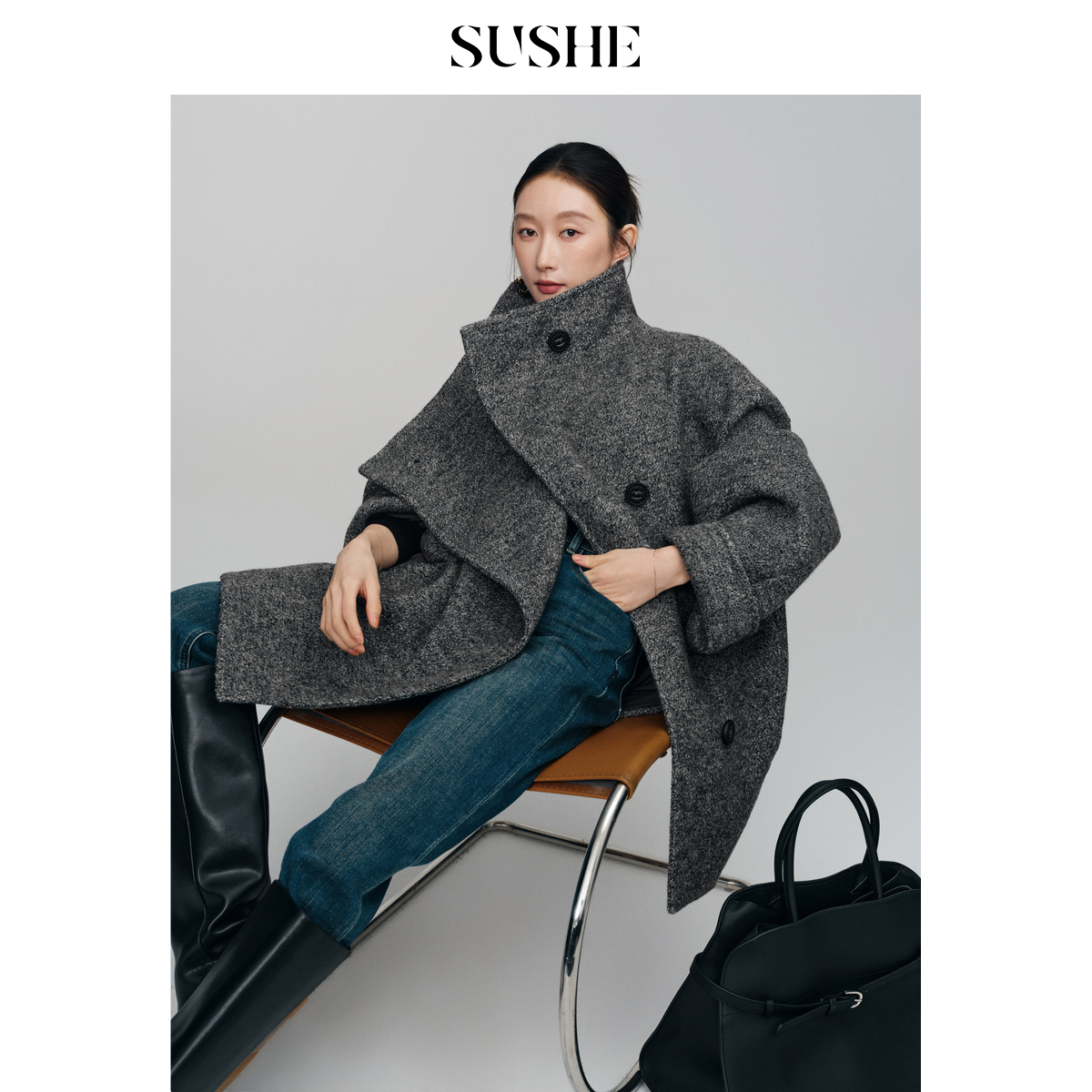 束皙SUSHE澜岸造型感大翻领宽松挺阔中长款高颜值一hiimdai大衣