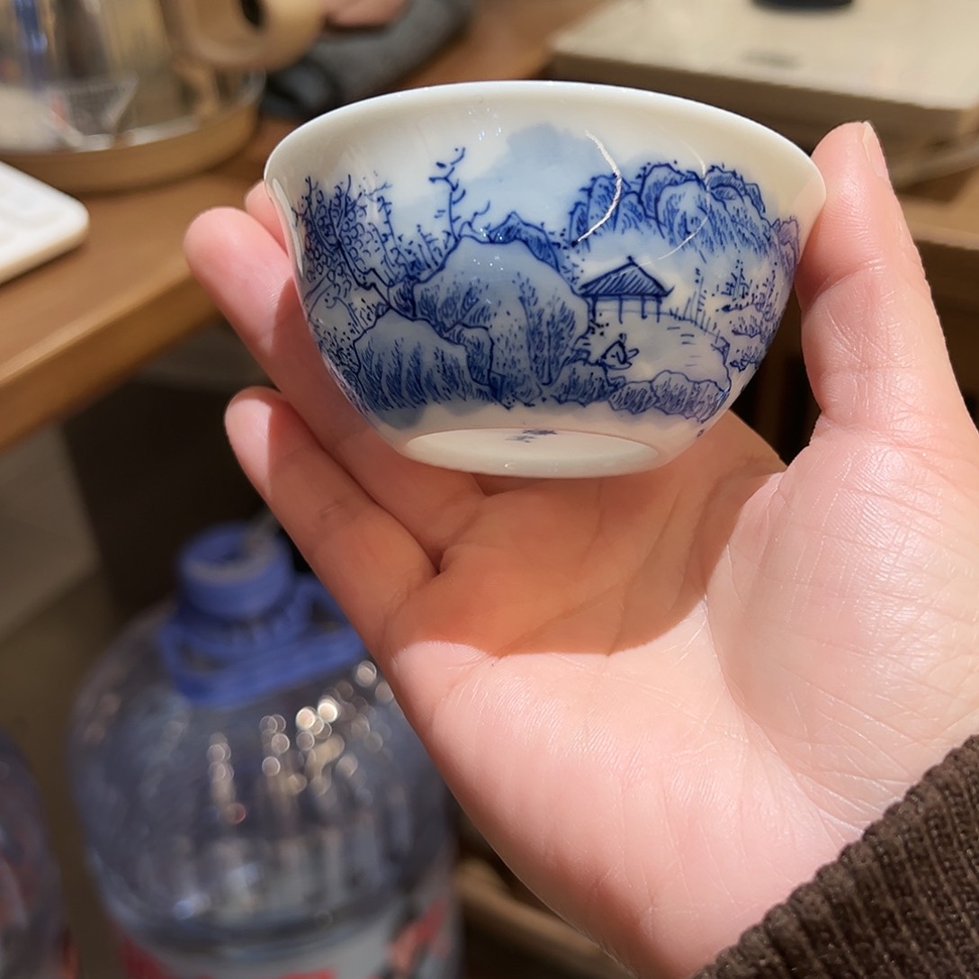 手工手绘山水鸡缸杯