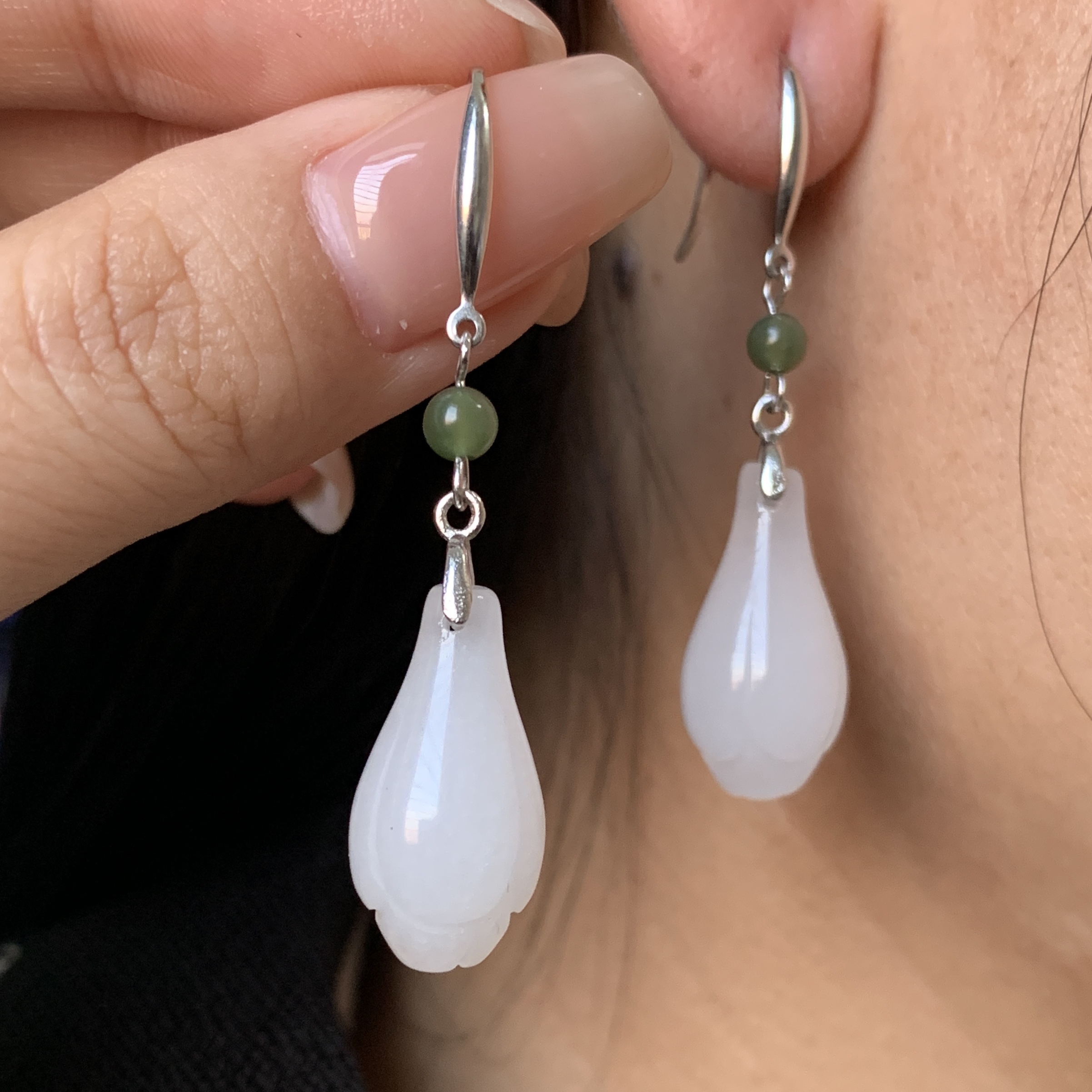 天然金丝玉兰花耳饰卡20*10mm左右s925银镶旗袍复古百搭高级气质