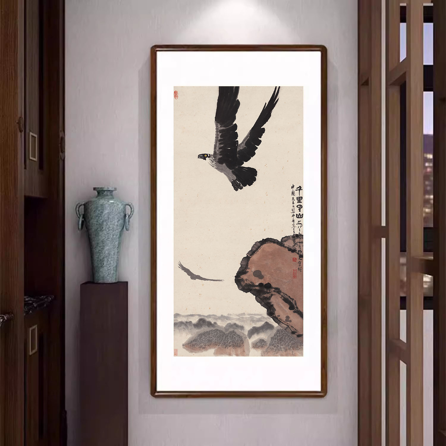 国画千里云山图大鹏展翅老鹰挂画新中式装饰画客厅办公室大气字画
