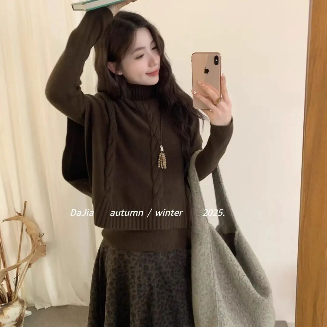 慵懒风高领麻花设计针织短袖披肩斗篷+打底两件套秋冬新款女上衣