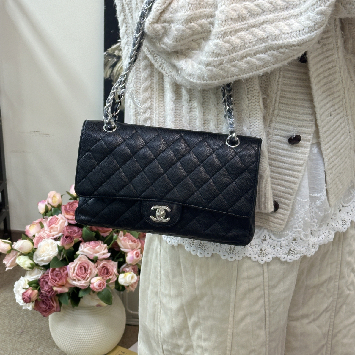 95新 Chanel/香奈儿 黑色jumbo荔枝牛单肩斜挎包（拆单链接）