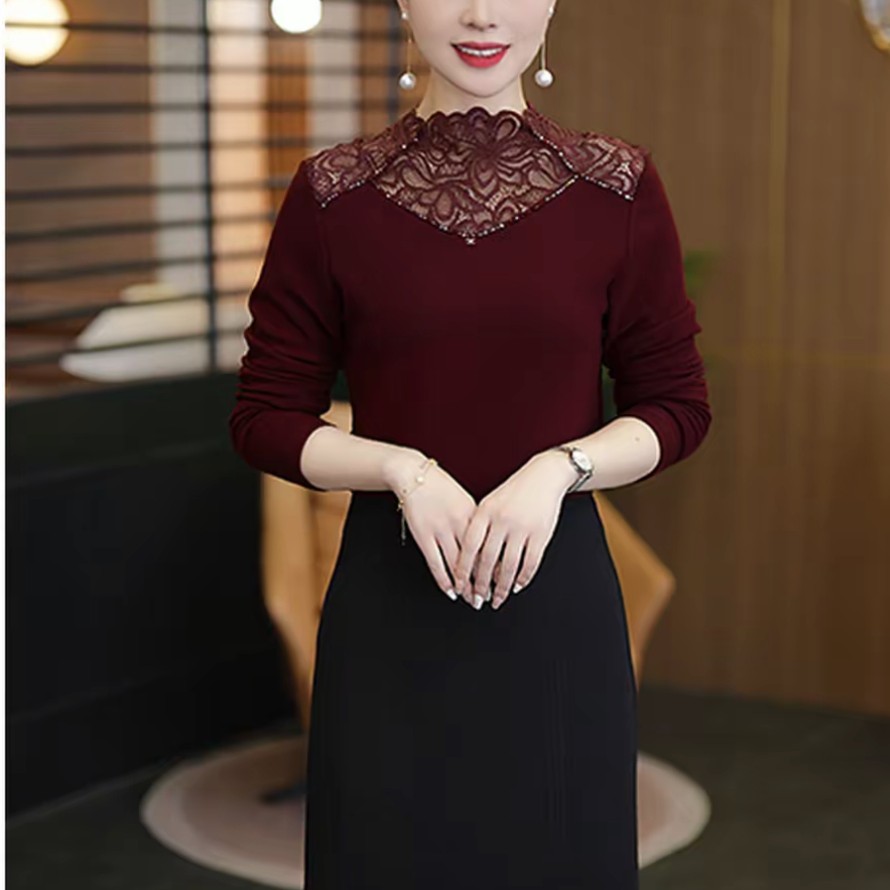 半高领蕾丝拼接长袖打底衫女秋冬时尚洋气小衫百搭修身显瘦上衣
