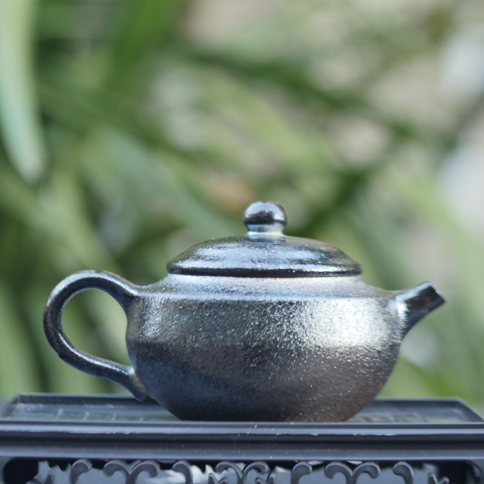 《云小陶》建水紫陶石全老师全手工高温碳化柴烧株钮扁壶160cc