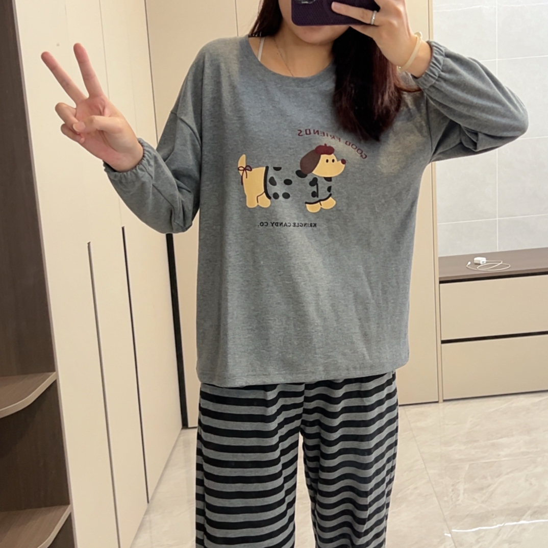 女士秋季腊肠狗长袖长裤纯棉卡通可爱可外穿睡衣