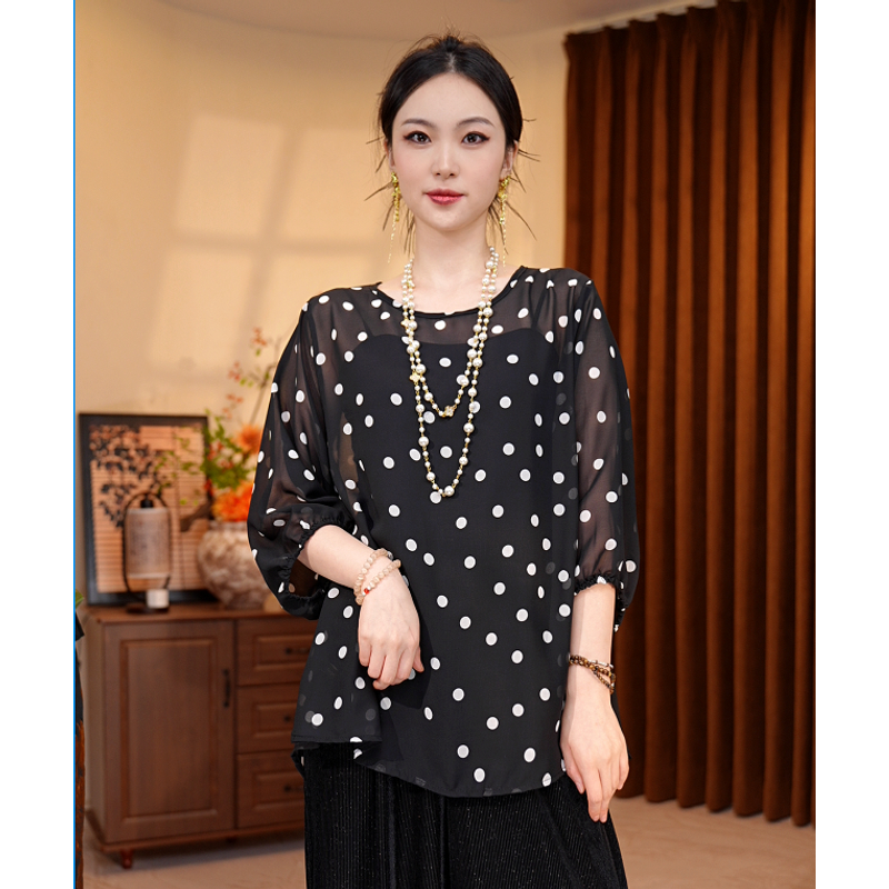 117/半开领波点时尚潮流宽松打底衫9分袖休闲风时尚圆领常规款