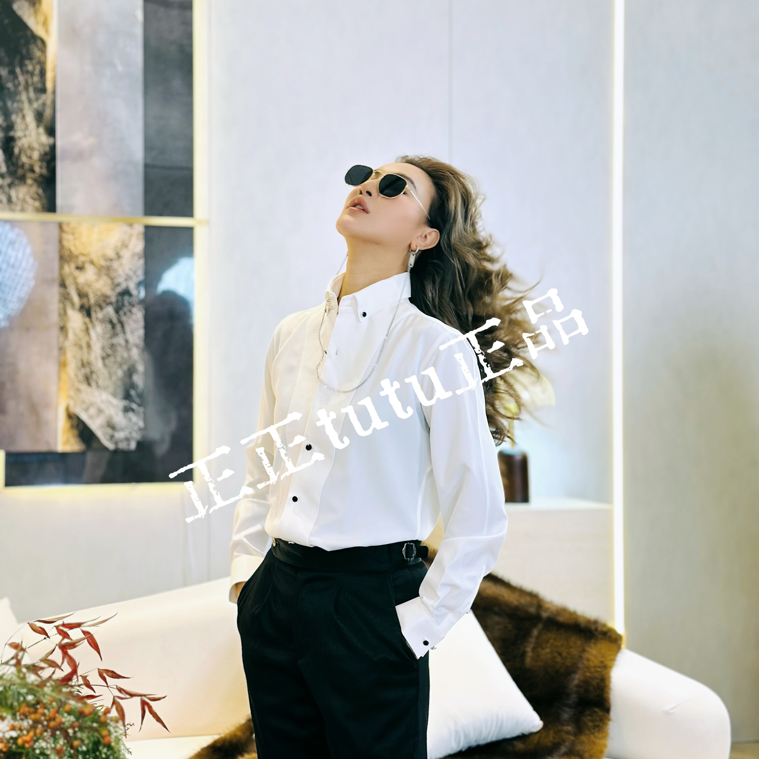 【正正TUTU】纯色简约百搭立领方领双扣衬衫休闲白色衬衣-F-3-SC