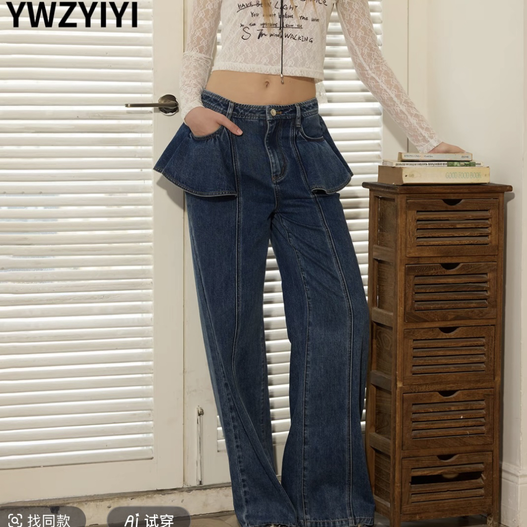 颜外之衣牛仔蓝色假两件荷叶边牛仔裤经典直筒显瘦减龄YLWWA1K602