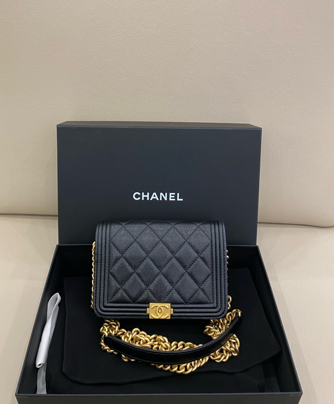 99新 Chanel/香奈儿 leboy miniwoc 22a链条包 黑金荔枝牛芯片款 
