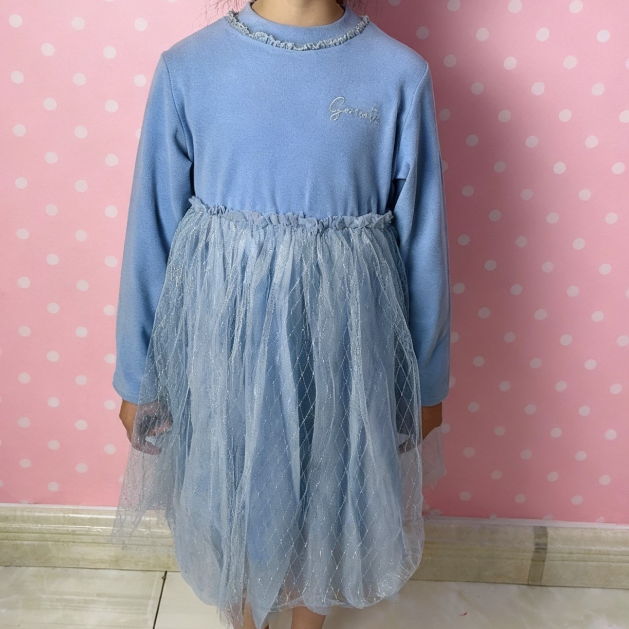 休闲风公主裙蓬蓬裙女长袖连衣裙网纱裙女孩拼接女宝