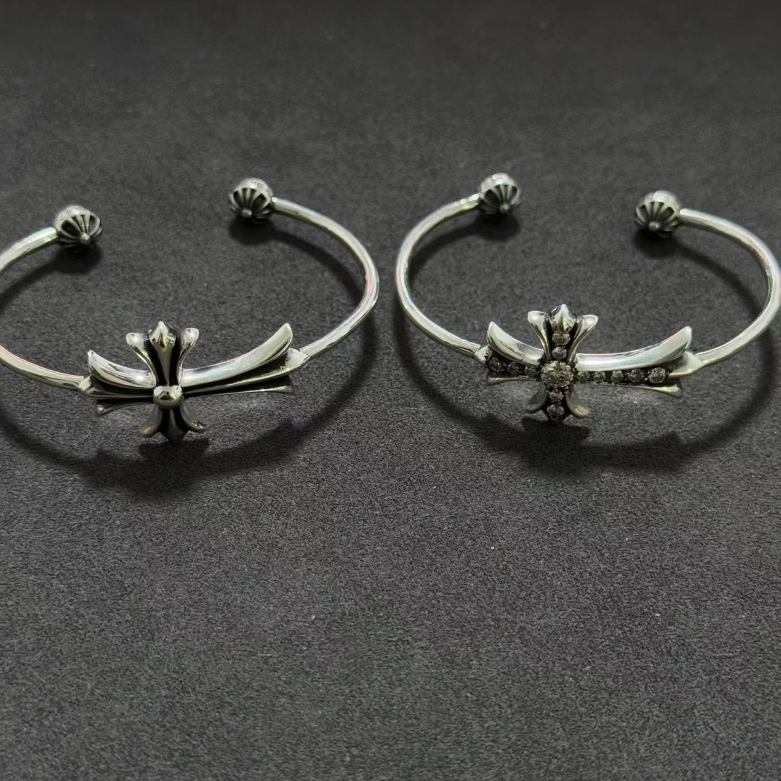 925银手镯 十字花手镯复古开口925纯银手镯镶钻男女情侣款镯子