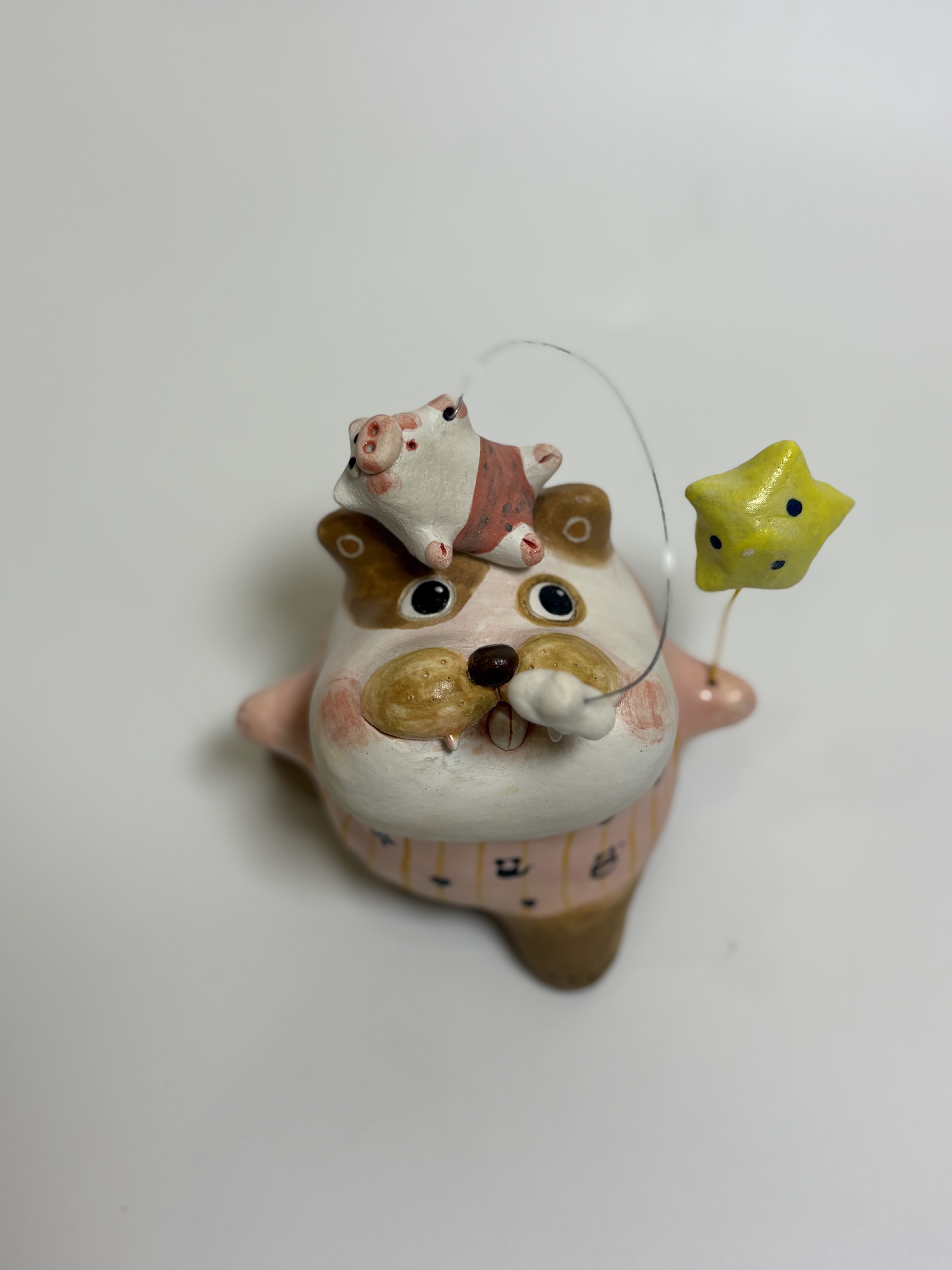 纯手工-陶艺摆件-钓鱼小狗
