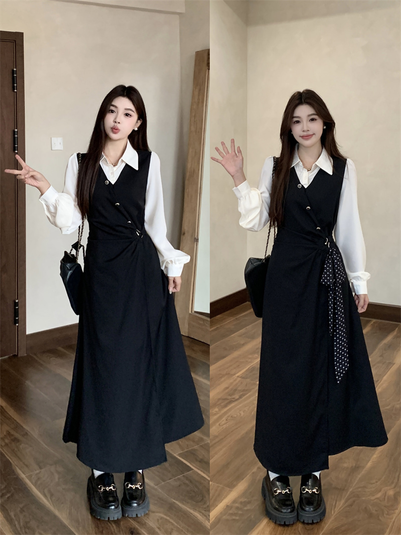 大码2025秋新款学院风假两件设计感收腰不规则连衣裙送丝带