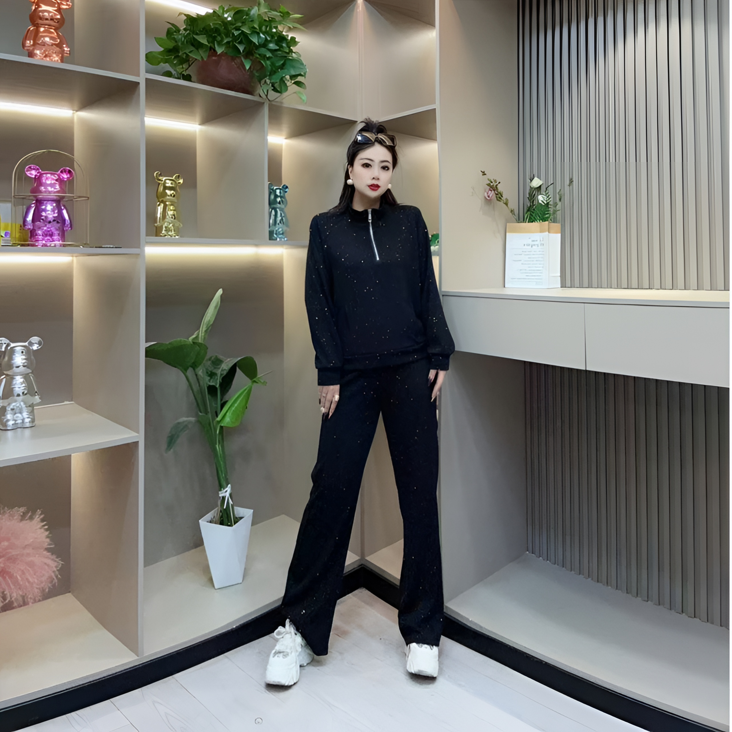 春季两件套-甜 3635时尚亮闪拉链领潮流显瘦百搭胖MM大码女装新款