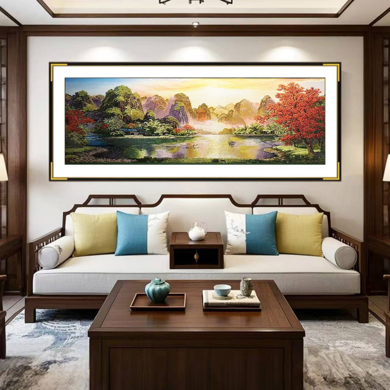 （重工刺绣）高档双框桂林山水聚宝盆山水画客厅沙发背景墙装饰画