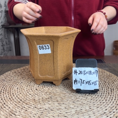 紫砂花盆柴烧内奎束腰六方0633