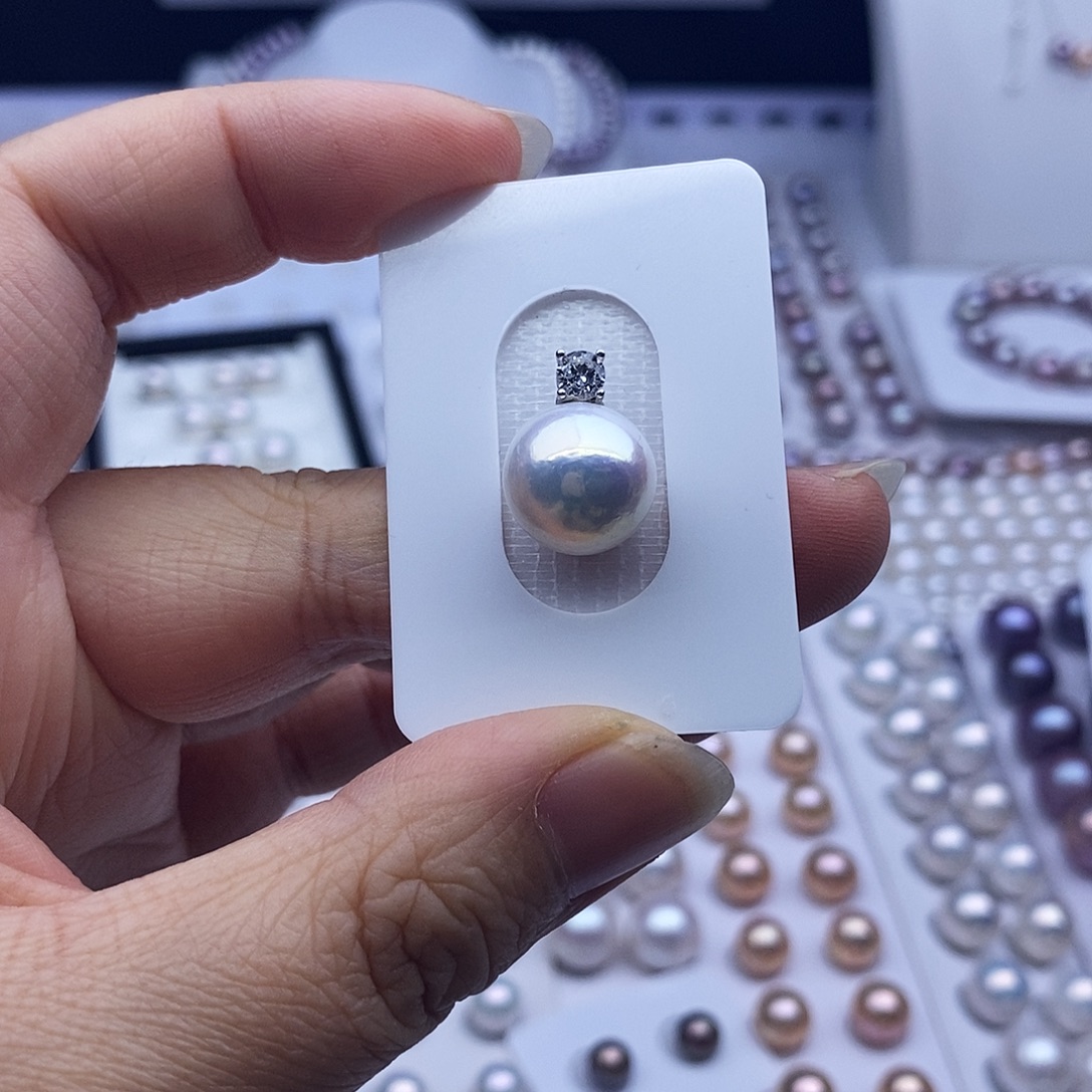 耳饰淡水珍珠银S925镶嵌12.4mm粉戴妃吊坠