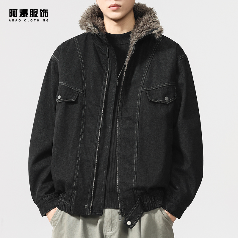 【阿爆服饰】美式复古夹棉加厚毛领牛仔夹克男冬季保暖工装棉服外套