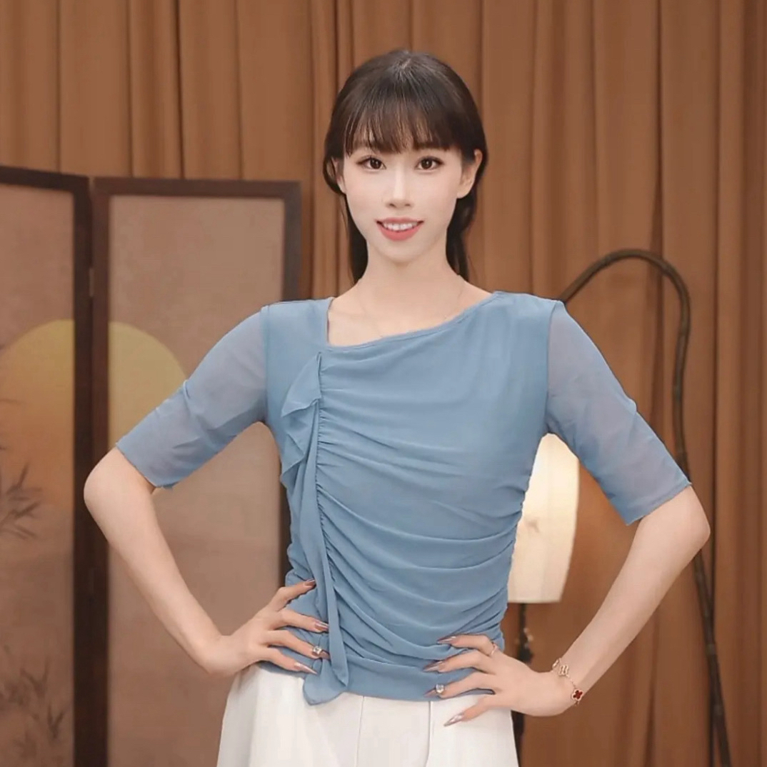 062-shishi中袖褶皱水纱气质短袖舞蹈服显瘦可外穿形体服中国舞