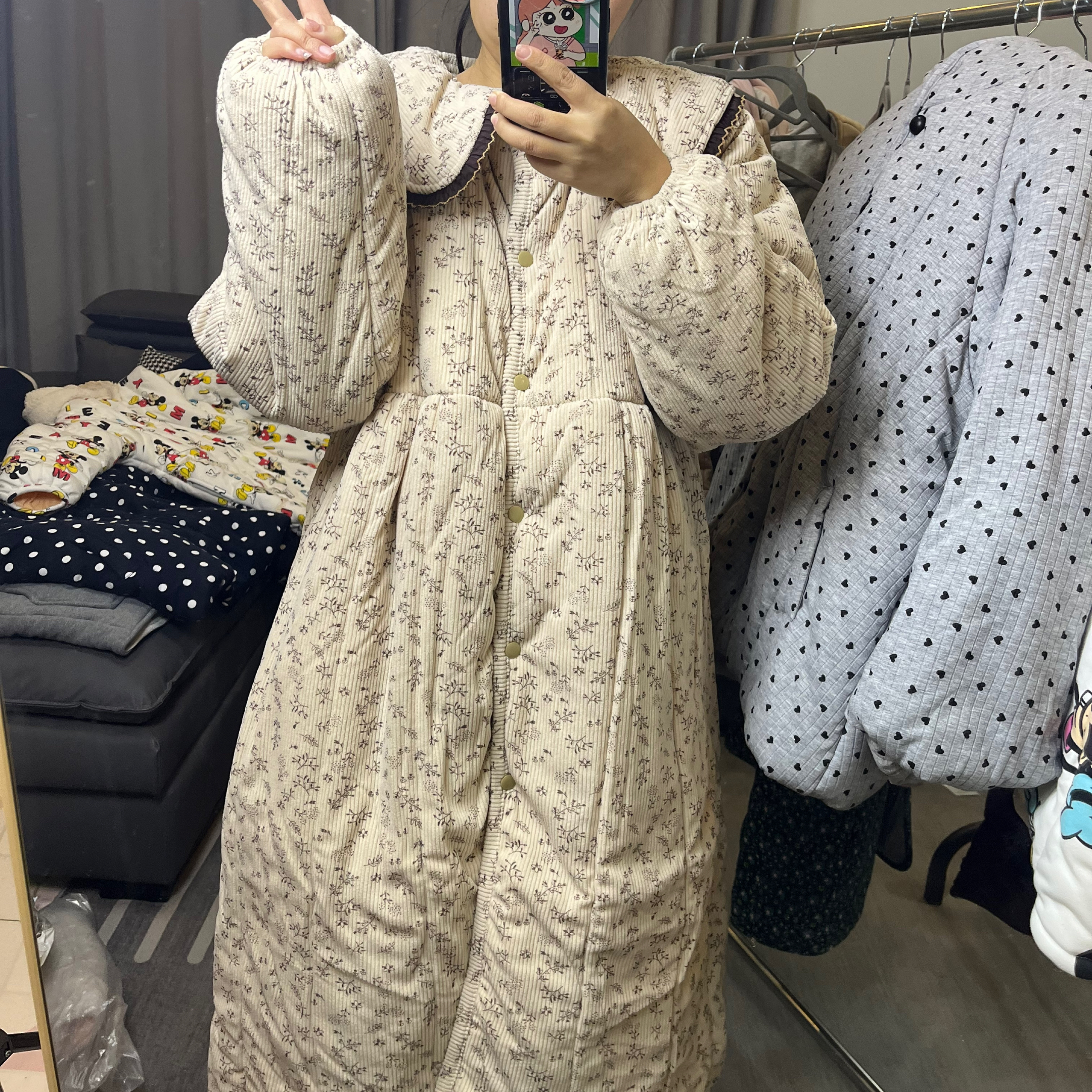 【米色小碎花娃娃领】新疆长绒棉棉花衣加厚保暖可外穿女士棉花