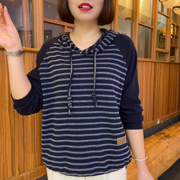 连帽女士秋冬条纹卫衣秋季女装女条纹拼接宽松休闲显瘦上衣
