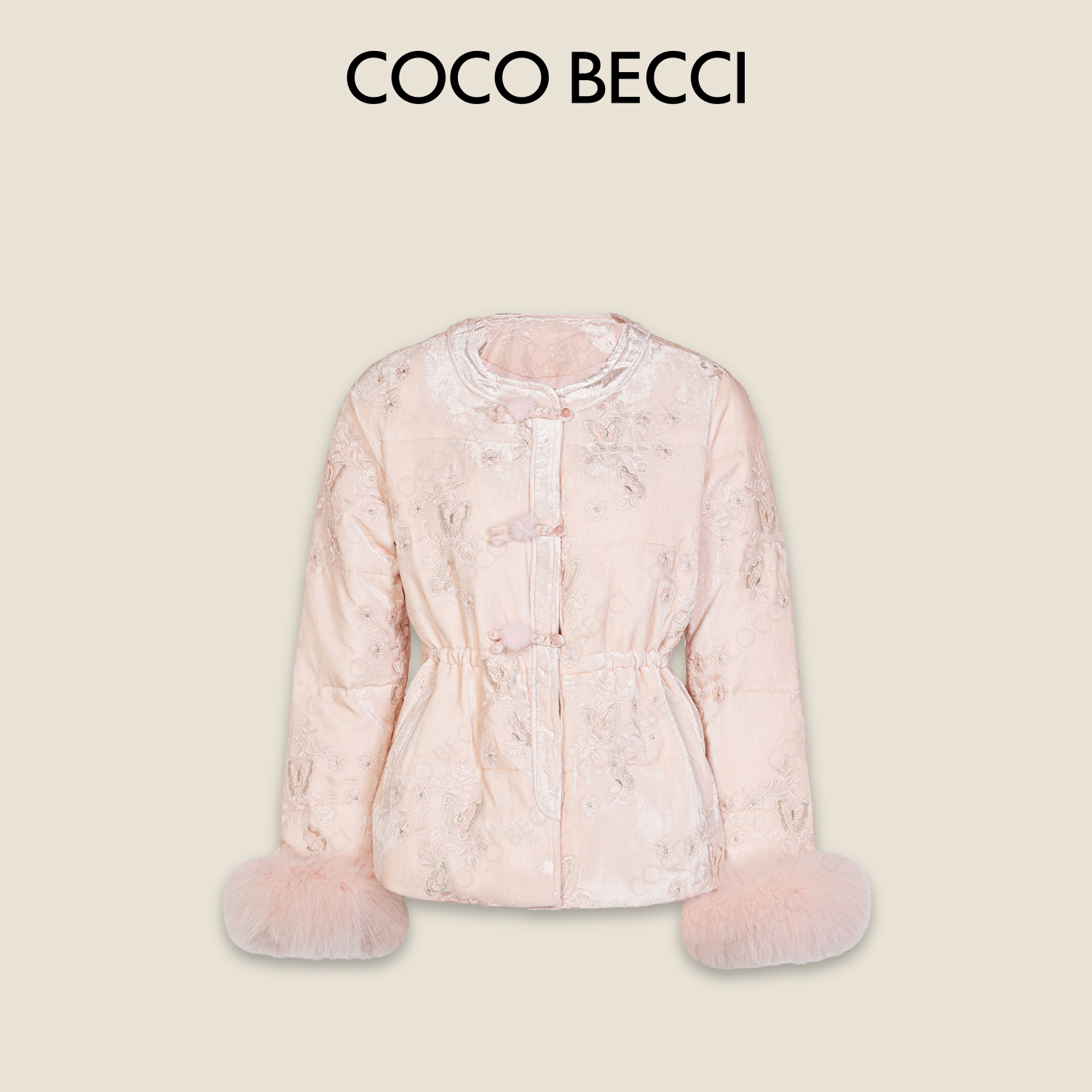 COCO BECCI【樱雪漫蝶】90白鸭重工提花拼接羽绒外套CFLJD200318