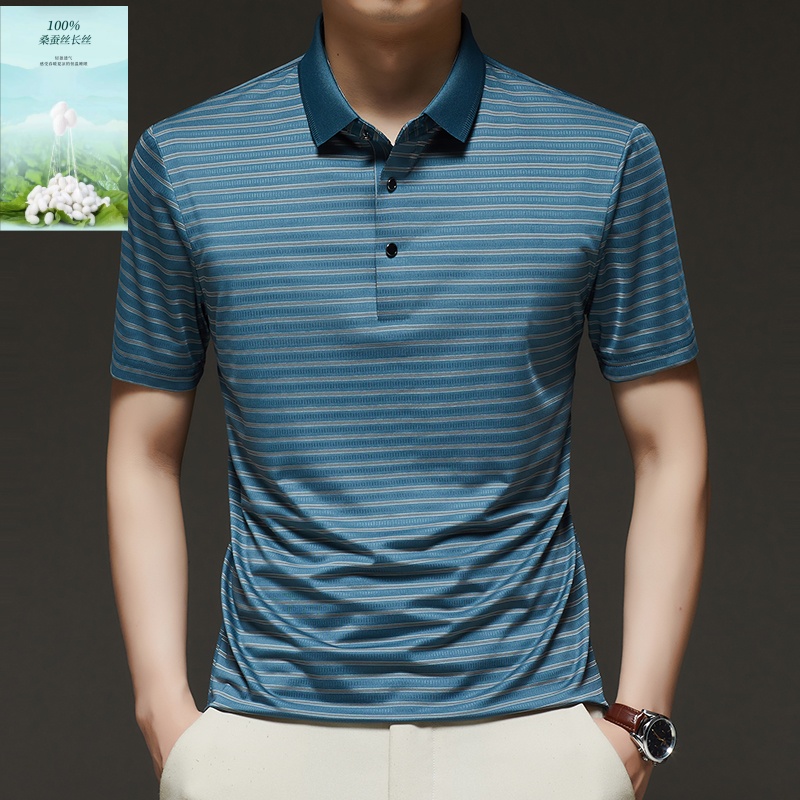 9【品牌100%纯桑蚕丝】夏季高档男士短袖翻领T恤薄款条纹速干polo衫