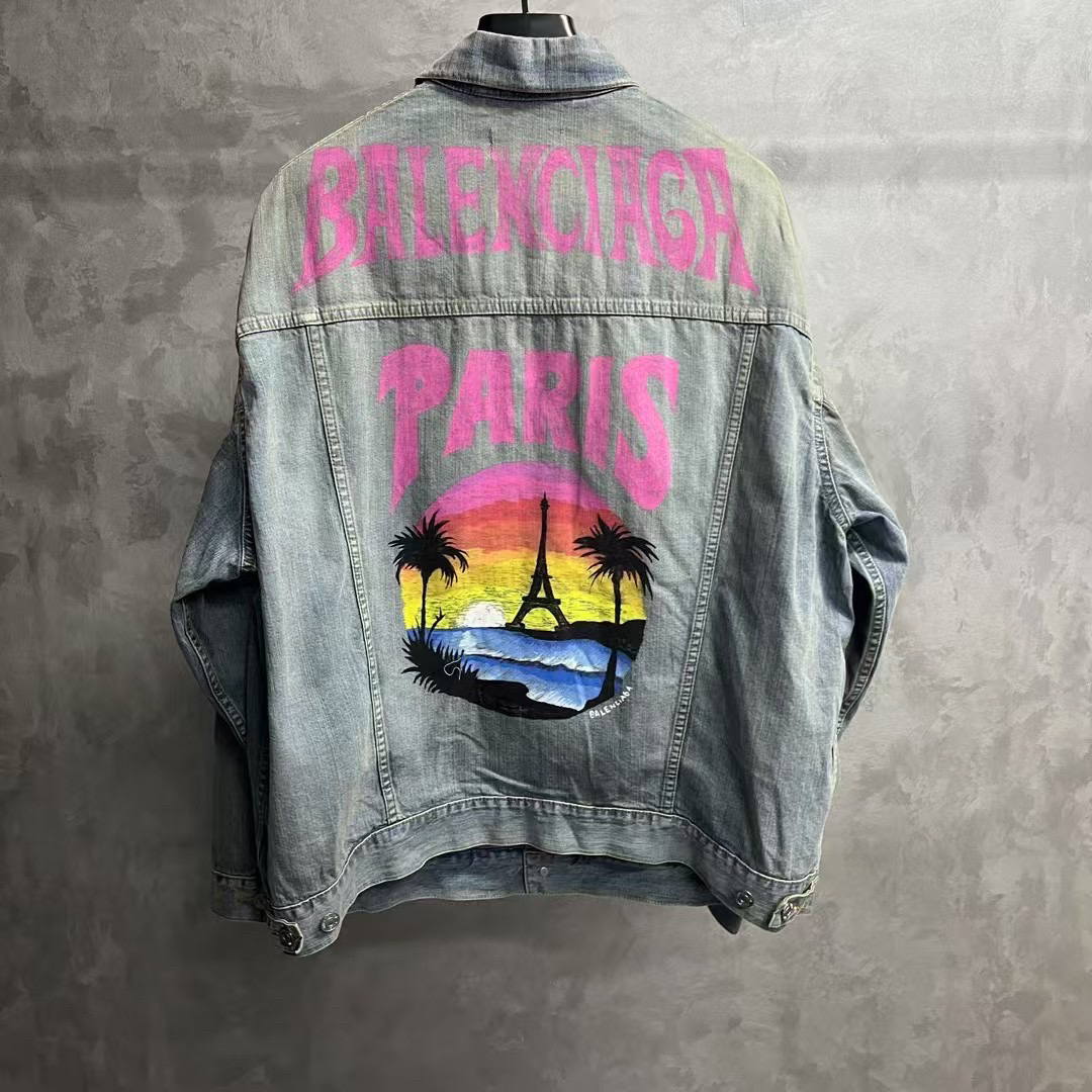 balenciaga 蓝色水洗字母印花单排扣牛仔外套/Xs 