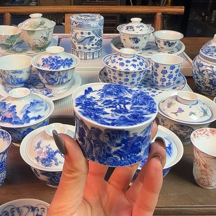 爱***)名窑口 山水盖置放漏放漏