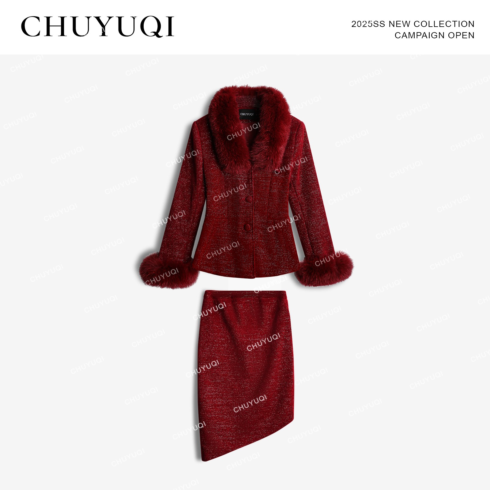 CHUYUQI 红菲尼克莱 高定可拆卸狐狸毛领半裙套装贵气加厚两件套