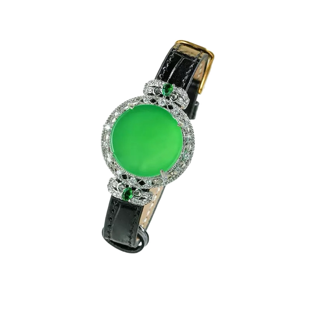 铜合金仿水晶手镯 新中式碧绿蛋面皮带手镯