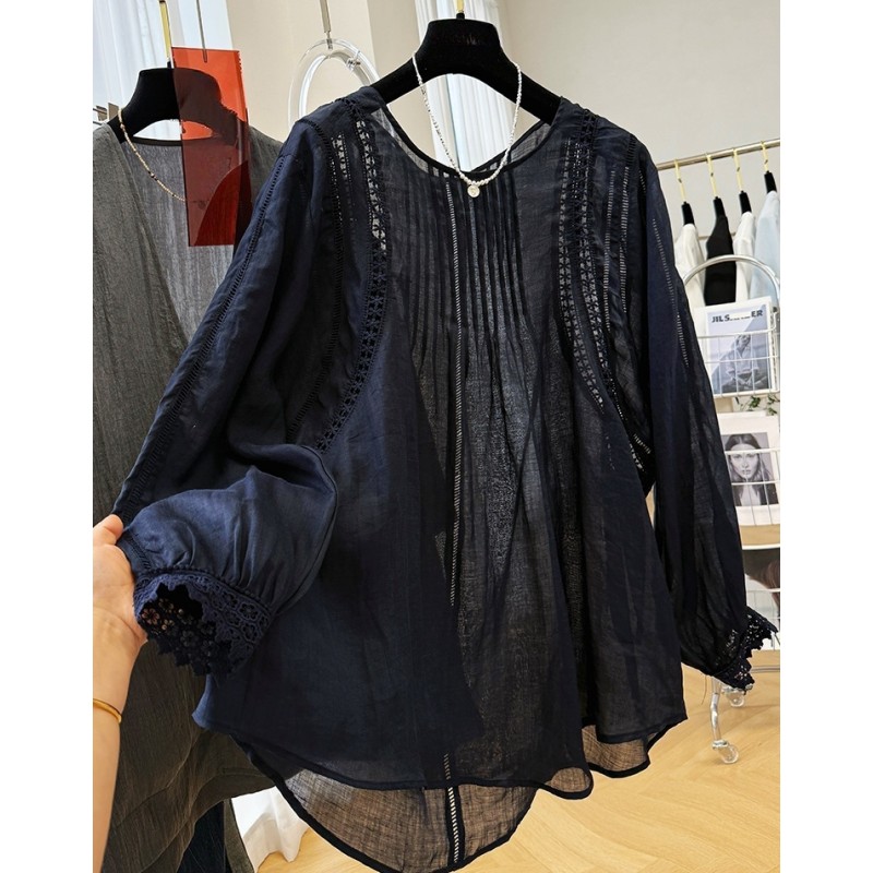 6820高级感设计镂空蕾丝微透长袖衬衫女夏季气质小衫娃娃衫上衣新