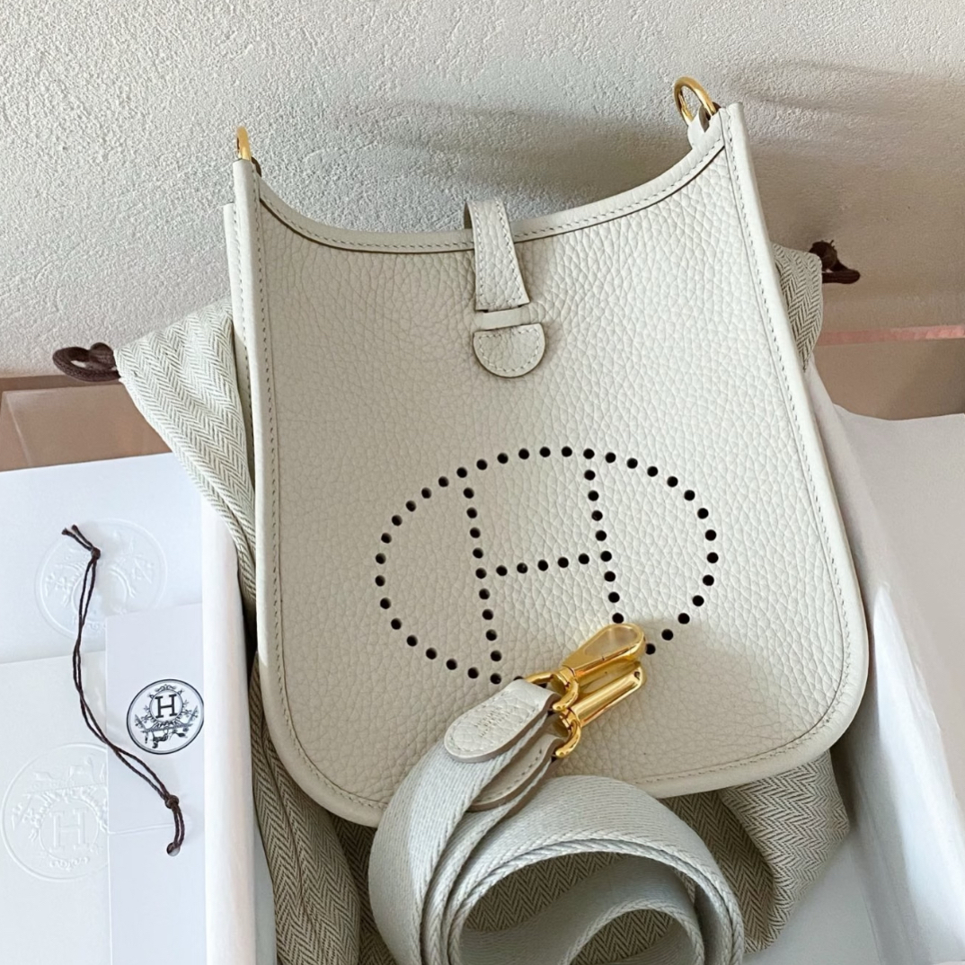 99新 Hermes/爱马仕 爱马仕mini伊芙琳奶油白金扣U单肩包9287052