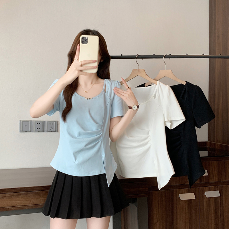 2025夏装新款胖mm大码女时尚设计感镂空不规则修身短袖T恤