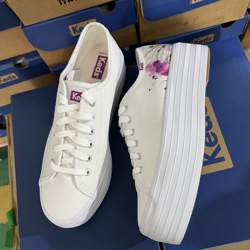 K家新款厚底4.5cm松糕小白鞋女帆布印花休闲鞋