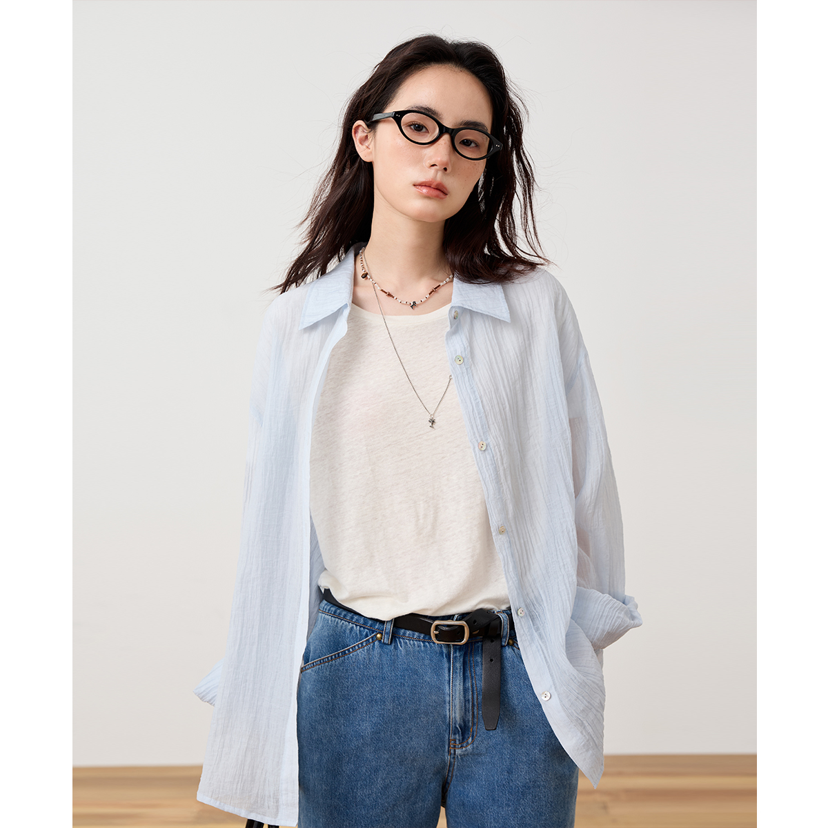 章鱼家【慵懒风】蓝色防晒衬衫女夏薄款外搭休闲长袖衬衣octopusme