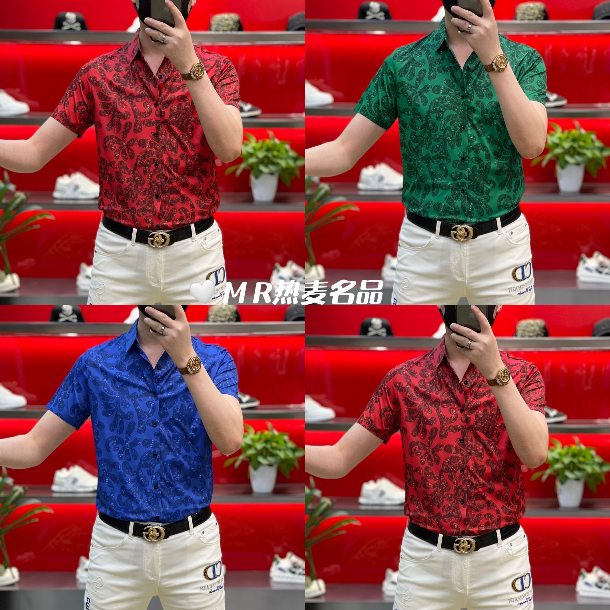 【星欧甄选】夏季短袖衬衫活性彼岸花款 男士修身免熨烫弹力短袖