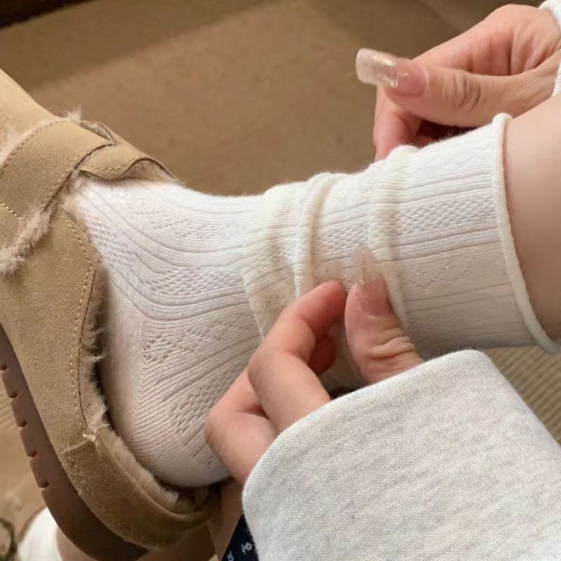 袜子女夏季薄款ins潮奶油系卷边暗纹中筒袜日系jk堆堆袜透气吸汗