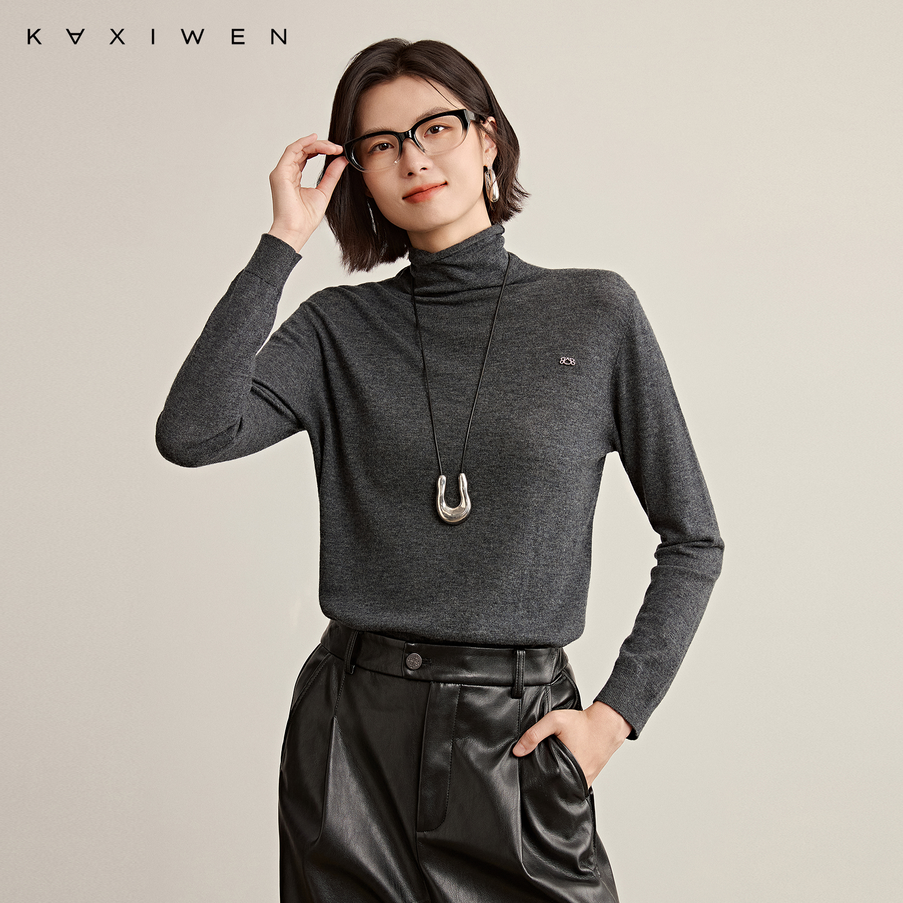 佧茜文舒适休闲针织衫【秋冬】简约高领立体装饰上衣女D09BZW9541