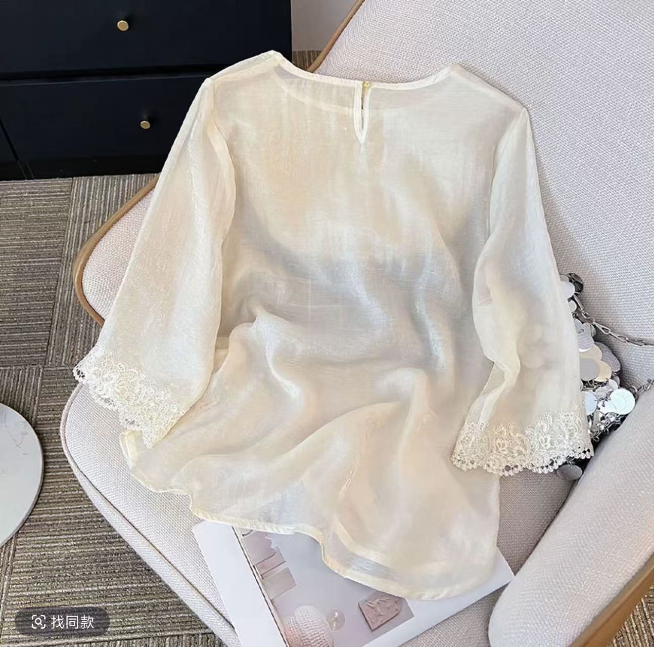 薄款新中式夏季纯色刺绣锻面衬衫白色复古时尚小衫