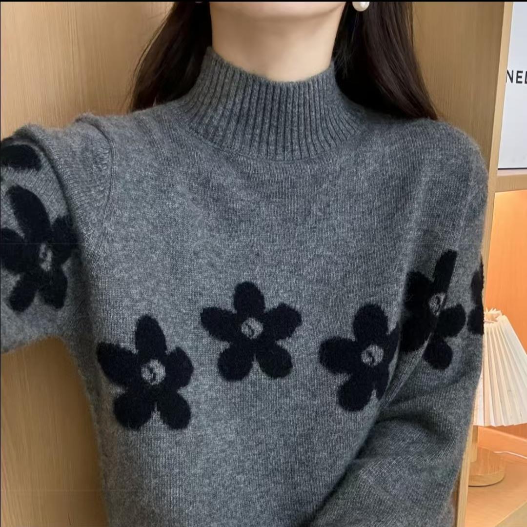 【山茶花-灰】冬季新款时尚百搭加厚保暖山茶提花显瘦针织毛衣812