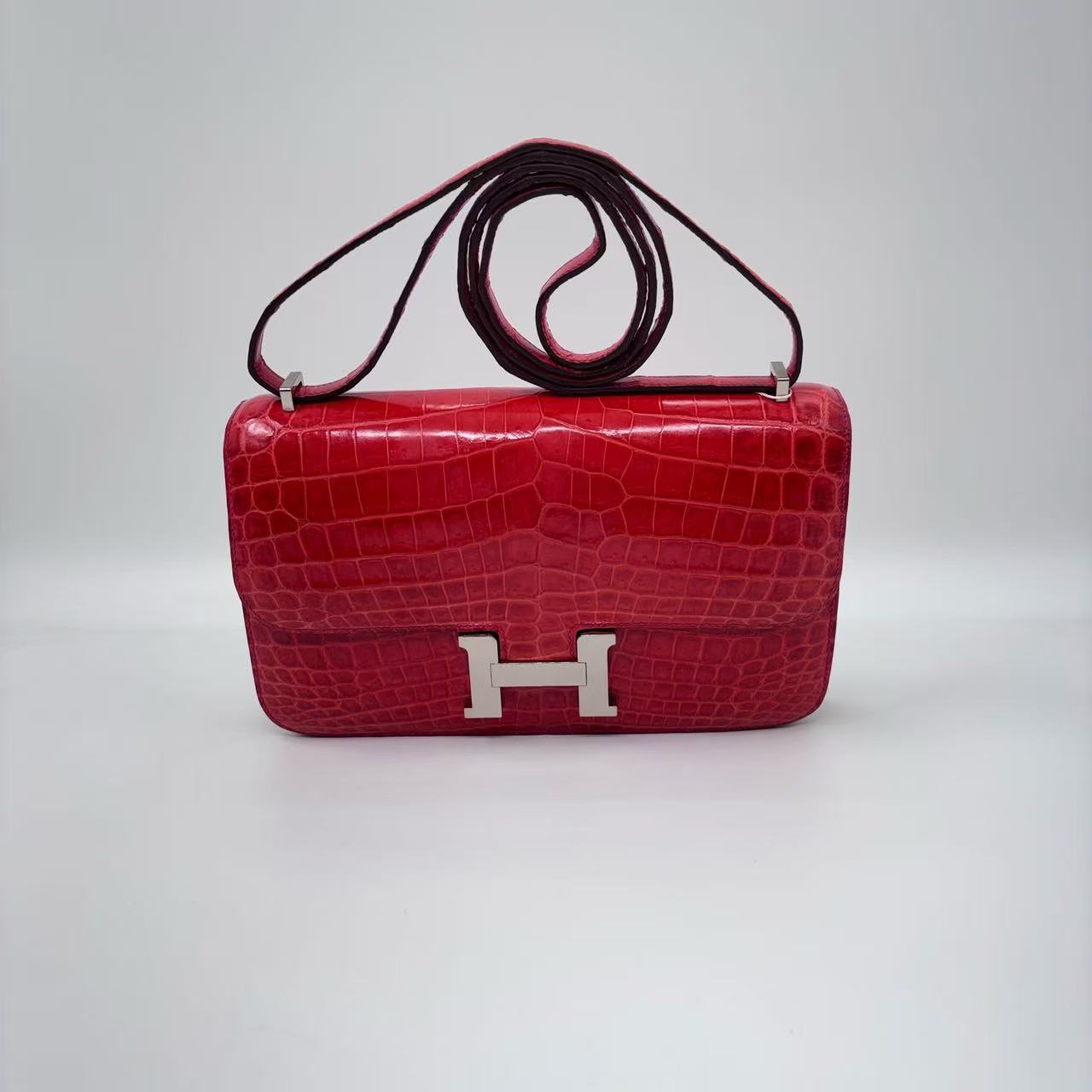 95新 Hermes/爱马仕 康康elan 26 天竺葵红银扣 两点 框Q刻