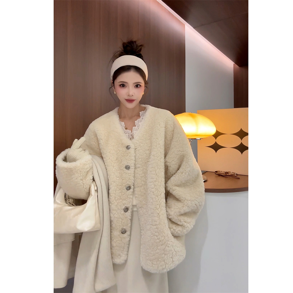 人造皮草 NN CHIC.女秋冬V领单排扣仿羊羔毛环保皮草毛毛外套1197