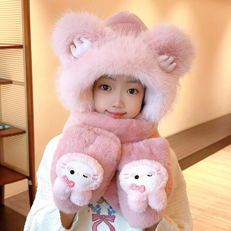 保暖儿童帽子围巾手套一体冬季小熊女孩加厚毛绒帽男童防寒护耳帽